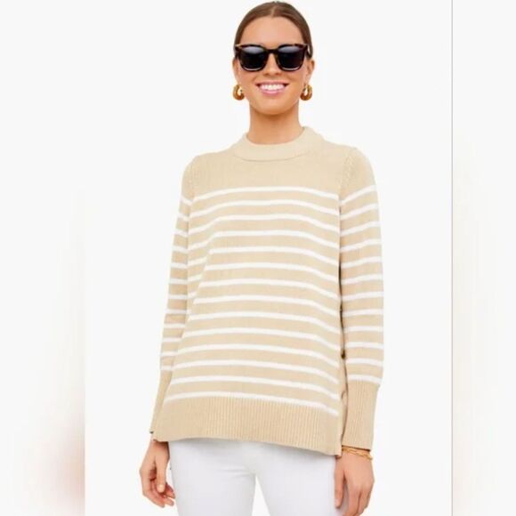 Tuckernuck XS Tan Stripe Bar Harbor Cotton Side Button Sweater - Picture 1 of 10
